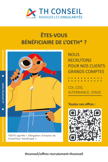 Affiche de recrutement TH Conseil avec une auto-stopeuse tenant une pancarte CDI CDD Stage et légende enjoignant le travailleur handicapé à déposer sa candidature au bon endroit